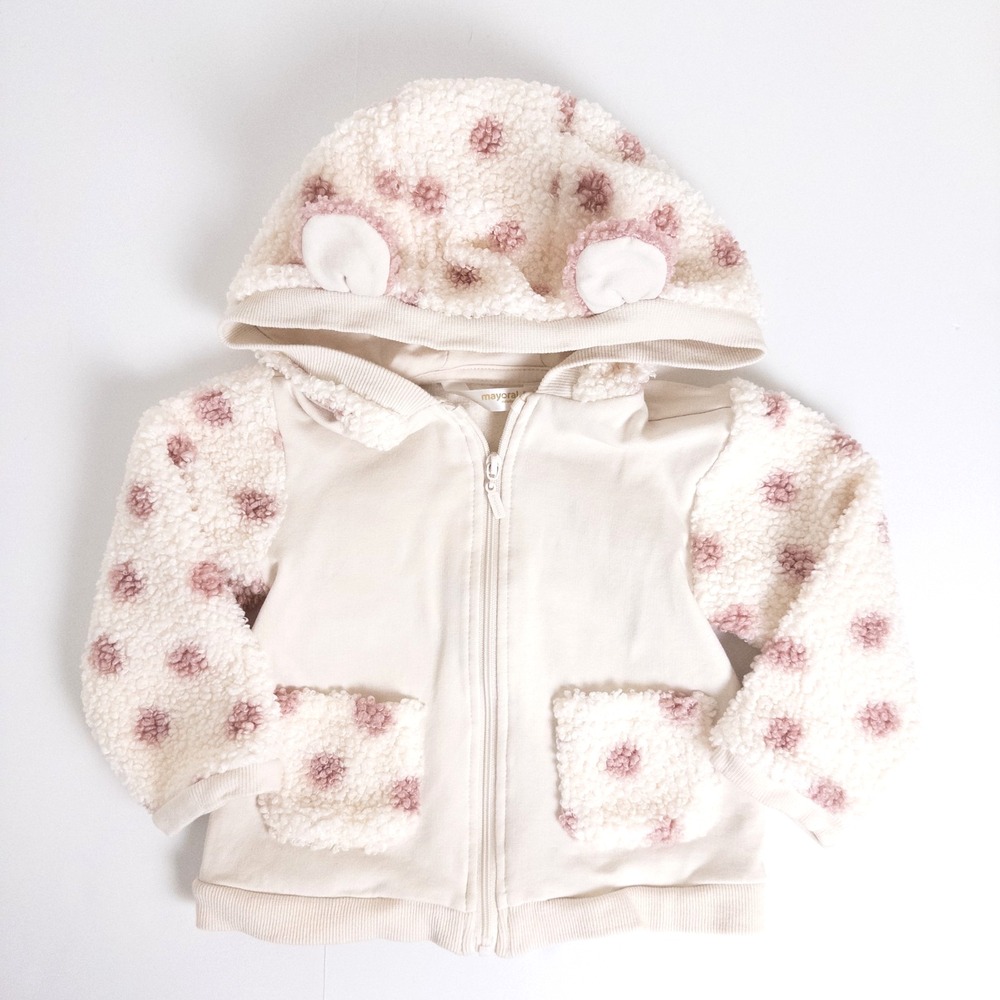 Mayoral Sherpa Bear Polka Dot Zip Hoodie Sweatshirt Cream Pink Baby Sz 12m